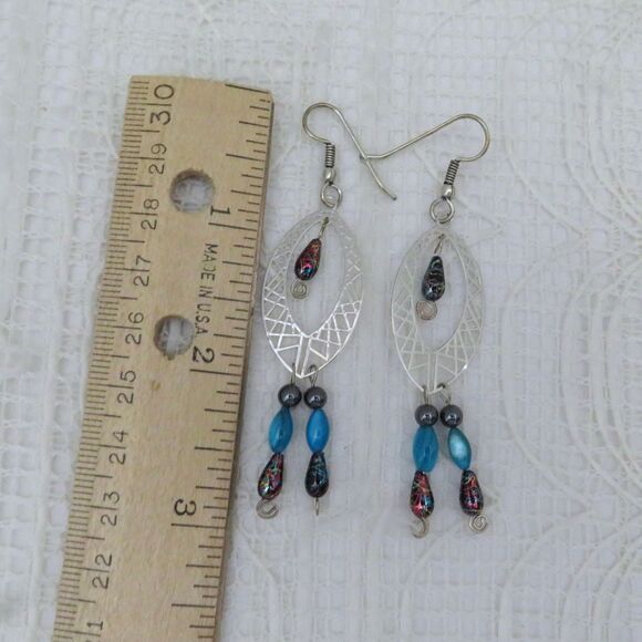 Silver Toned Chandelier Earrings, Hematite Jewelry, Long Dangle Earrings Women - Picture 4 of 9